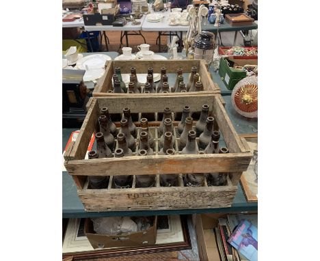 TWO VINTAGE 1950'S  WOODEN BEER ADVERTISING CRATES WITH ORIGINAL BEER BOTTLES 