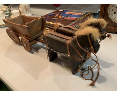 A PAIR OF VINTAGE OAK DECORATIVE HORSES TO INCLUDE A TREEN CART 