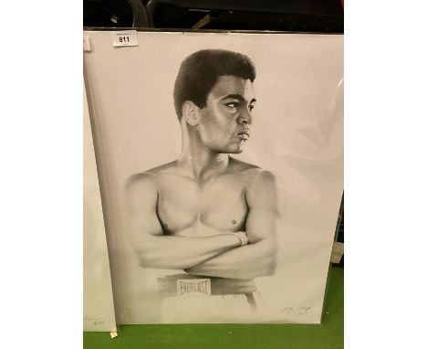 A BLACK AND WHITE SKETCH STYLE PICTURE OF MOHAMMAD ALI 