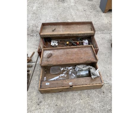TWO VINTAGE WOODEN JOINER'S CHESTS CONTAINING VARIOUS TOOLS 