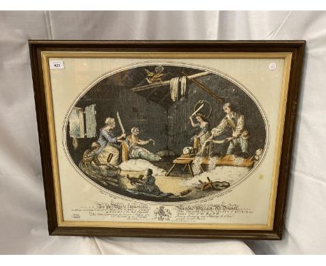 A VINTAGE FRAMED PRINT ON LINEN DEPICTING THE COMMON METHOD OF BEETLING, SCUTCHING AND HACKLING THE FLAX 