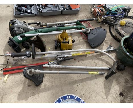 AN ASSORTMENT OF GARDEN TOOLS TO INCLUDE A TITAN PETROL STRIMMER, TWO LONG REACH HEDGE CUTTER ATTATCHMENTS AND A BOSCH ELECTR