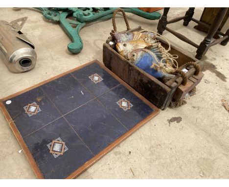 A SET OF FRAMED TILES, A WOODEN BOX AND THREE CERAMIC FISH 