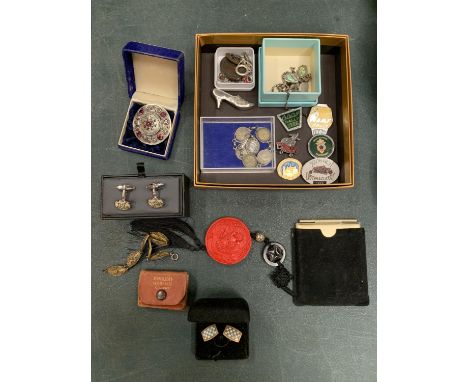 A SELECTION OF MAINLY JEWELLERY ITEMS, INCLUDING CUFF LINKS, BRACELETS, BROOCHES, AND A SMALL VINTAGE GERMAN ENGLISH DICTIONA
