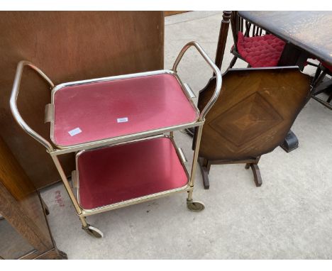 A METALWARE 1970'S TROLLEY AND WOODEN FIRESCREEN/TABLE 