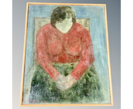 Danish School :  Portrait of a lady in red dress, oil on canvas, indistinctly signed, 60 cm x 75 cm.