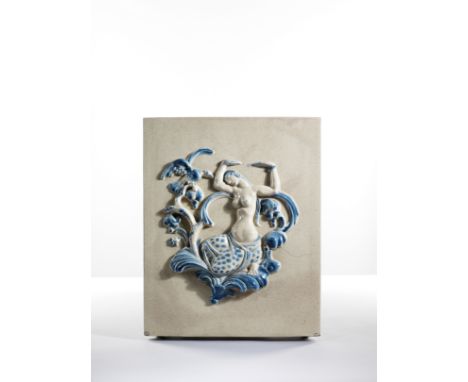 Plaque architecturale en majolique à décor d'une femme à  l'oiseau, Karlsruhe, circa 1920-1926  A Karlsruhe Majolica architec