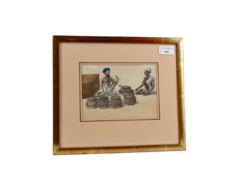 19TH CENTURY INDIAN PATNA SCHOOL PAINTING, depicting two male figures with baskets and scales, 13cm x 19cm, mounted, framed a