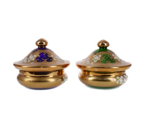 PAIR OF CONTEMPORARY MURANO GLASS JARS AND COVERS, the first blue, the second green ground, each of flattened ovoid form, the