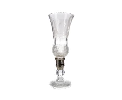 EDINBURGH CRYSTAL 'THISTLE' PATTERN HURRICANE LAMP, the shade wheel-engraved with upper thistle motifs, over a faceted and di