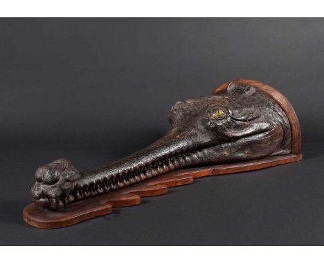 Taxidermy: A Late Victorian Gharial Crocodile Head Mount (Gavialis gangeticus), circa late 19th century, a large adult taxide