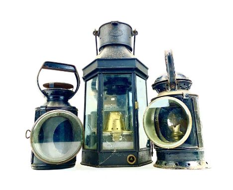 Transport-Railways-Railwayana Lamps (x3) Comprising Guards Lamps (x2):A Bladon Birmingham brass and metal B.R. (W) handlamp w