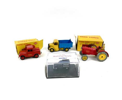 Dinky Toys x 3 (2 boxed). Massey-Harris tractor Dinky toy 300 in very good condition (minor chipping) box a/f.Mersey Tunnel P