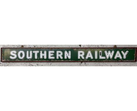 Transport - Railwayana - "Southern Railway" Enamelled Station Board Comprising a "Southern Railway" Sign length 130cm x 13cm.
