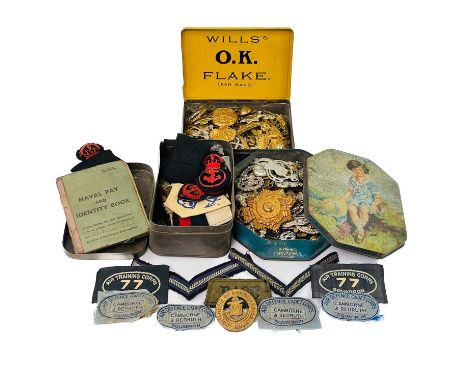 Military Cap Badges, Cloth Badges, Pin Badges, Buttons Including Cornwall Interest. Comprising 3 tins containing 40 plus orig
