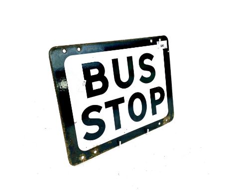 Transport - Bus Interest - Enamel Bus Stop Sign. A double-sided black and white enameled Bus Stop sign 34cm x 25cm. The main 