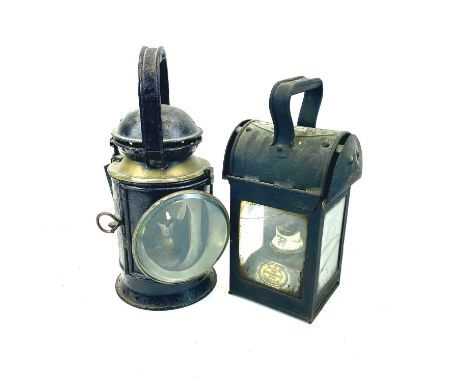 Transport-Railways - Railwayana Lamps LMS & GWR (x2). Comprising:A GWR impressed Guards lamp with red & blue glasses, burner 