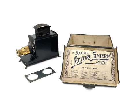 The Regal Lecture Lantern Outfit. Comprising a handled case containing a tin plate magic lantern viewer (height 21cm x length