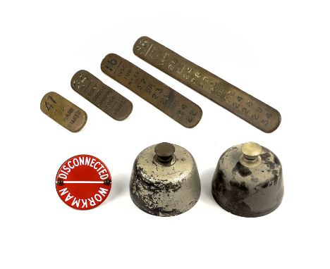 Transport-Railwayana- GWR Signal Box Brass Lever Plates and Signal Box Bells (x2). A collection of four signal box lever plat