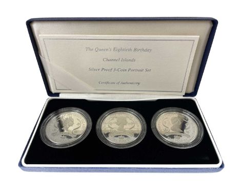 Channel Islands "Queen's 80th Birthday" 3 Coin Silver Proof Portrait Set. Comprising sterling silver proof £5 coins from Jers