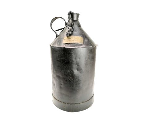 London &amp; North Western Railway 5 Gallon Oil Can With Cork Stopper On Chain. A black 5 gallon can with an attached brass p