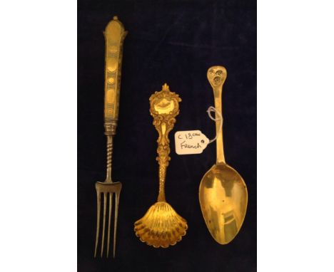 AN 18TH CENTURY FRENCH SOLID SILVER GILT SERVING SPOON The hallmarks in triplicate for 'Antoine 11 Parrel, Le Puy en Velay', 