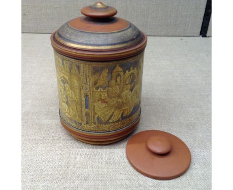 A 19TH CENTURY PRATTWARE TERRACOTTA TOBACCO JAR Decorated with a printed Medieval design and complete with outer lid, bearing