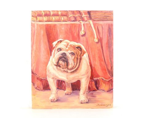 Maggy Clarysse. a Bulldog below a Table. Oil on canvas, signed lower right and verso. 55 x 46cm.PROVENANCE; The residual stud