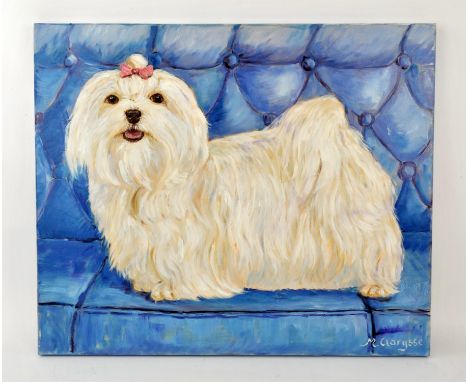 Maggy Clarysse. Portrait of a White Dog, Maltese Terrier?, on a blue sofa, Oil on canvas,  signed lower right. 46 x 55cm.PROV