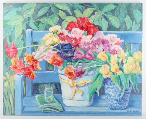 Maggy Clarysse. Still Life of Flowers, titled verso Tulipes Cherie Blue. Oil on canvas, signed lower right and verso. 80 x 10
