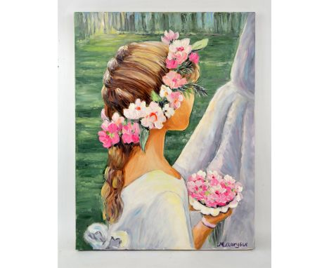 Maggy Clarysse. Portrait of a Young Girl with Flowers. Oil on canvas, signed lower right and verso. 61 x 46cm.PROVENANCE; The