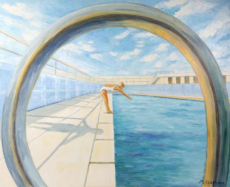Maggy Clarysse. Portrait of a Diver in a White Swimsuit. Oil on canvas, signed lower right and verso. 80 x 100cm.PROVENANCE; 