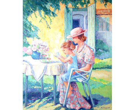 Maggy Clarysse.  Portrait of a Mother and Child with Goldfish in a Garden. Oil on canvas, signed lower right and verso.  100 