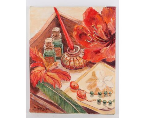 Maggy Clarysse. Still Life on a Dressing Table. Oil on canvas, signed lower left and verso. 51 x 41cm.PROVENANCE; The residua