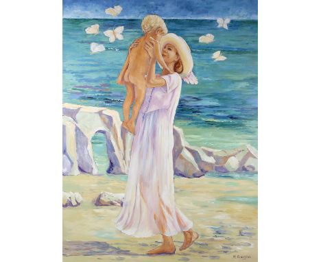 Maggy Clarysse.  Portrait of a Mother and Child on a Beach with Butterflies. Oil on canvas, signed lower right and verso. 117