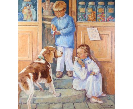Maggy Clarysse. Portrait of Children and a Dog by an Ice Cream Shop. Oil on canvas, signed lower right. 103 x 91cm.PROVENANCE
