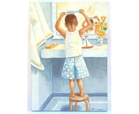 Maggy Clarysse. Portrait of a boy standing on a stool at a Dressing Table. Oil on canvas, signed lower right and verso. 70 x 