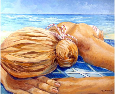 Maggy Clarysse. Portrait of a Woman Sunbathing. Oil on canvas, signed lower right and verso. 80 x 100cm.PROVENANCE; The resid