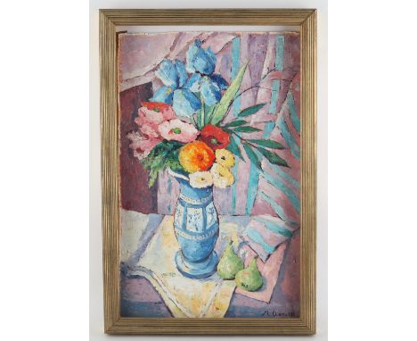 Maggy Clarysse. Still life with flowers in a vase. Oil on panel, with still life study verso. Signed lower right. Framed. Ima