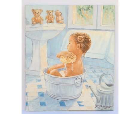 Maggy Clarysse. Portrait of a Little Girl in a Bathtub, with Teddies. Oil on canvas, signed lower right and verso. 55 x 46cm.