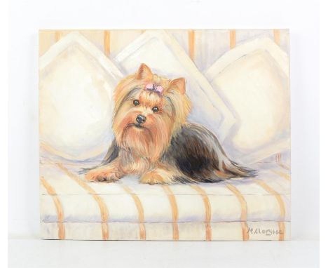 Maggy Clarysse.  Mademoiselle, a Yorkshire Terrier on a Sofa. Oil on canvas, signed lower right. Signed and titled verso. 46 