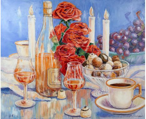 Maggy Clarysse. Still Life with Wine, Roses and Coffee. Oil on canvas, signed lower right and verso. 80 x 100cm. PROVENANCE; 