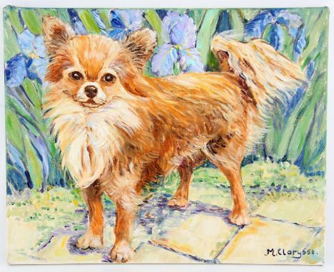 Maggy Clarysse. portrait of a dog in a garden. Oil on canvas. Signed lower right and verso. Image size 40 x 50.5cm.