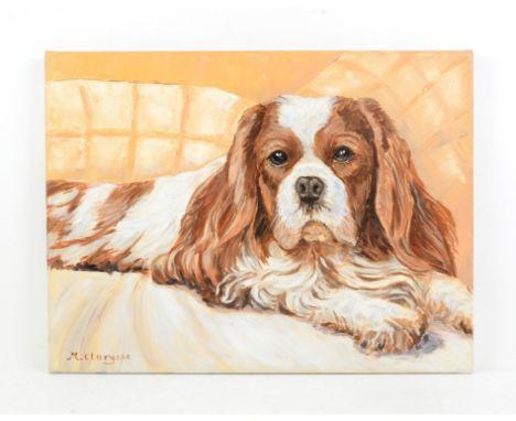 Maggy Clarysse. portrait of a King Charles spaniel. Oil on canvas. Signed lower right and verso. Image size 46 x 61cm.PROVENA