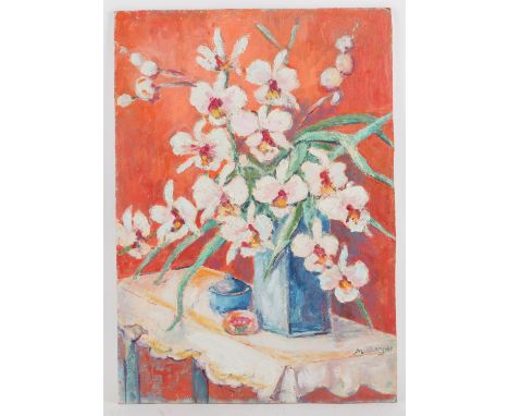 Maggy Clarysse. Still Life with Orchids In a Blue Vase. Oil on board. Signed lower right and verso. Image size 46.5 x 33cm. P