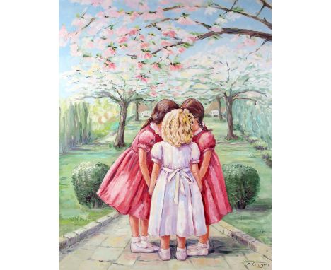 Maggy Clarysse. Portrait of Three Children Conferring Beneath a Magnolia Tree. Oil on canvas, signed lower right. 100 x 80cm.