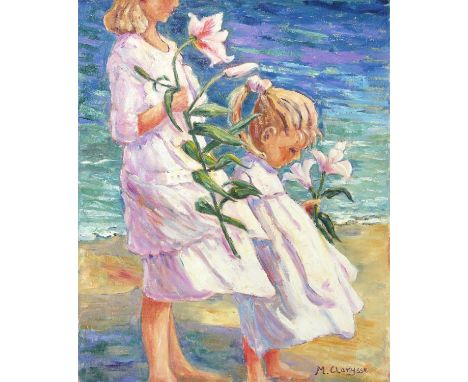 Maggy Clarysse. Portrait of a  Mother and Child carrying lillies on a Beach. Oil on canvas, signed lower right and verso. Ima