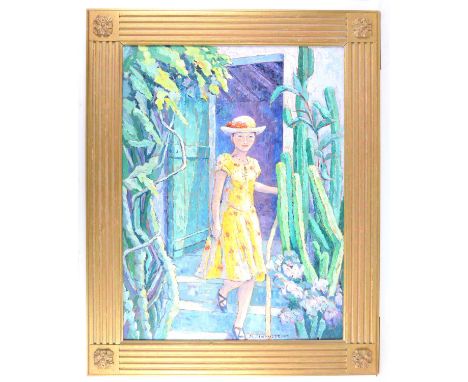 Maggy Clarysse.  Portrait of a  Woman Standing in Sunshine by a Doorway. Oil on canvas, signed lower centre and verso. 101 x 