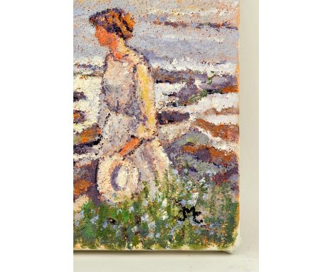 Maggy Clarysse. Portrait of a Woman in White on the Seashore.  Oil on canvas, initialled lower right and signed verso.  21 x 