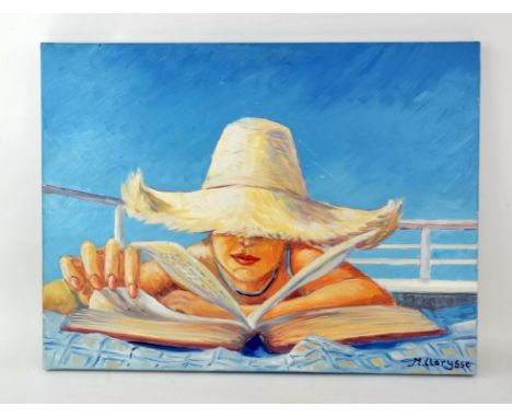 Maggy Clarysse. Portrait of a Woman Reading on the Beach. Oil on canvas, signed lower right and verso. 61 x 46cm.PROVENANCE; 